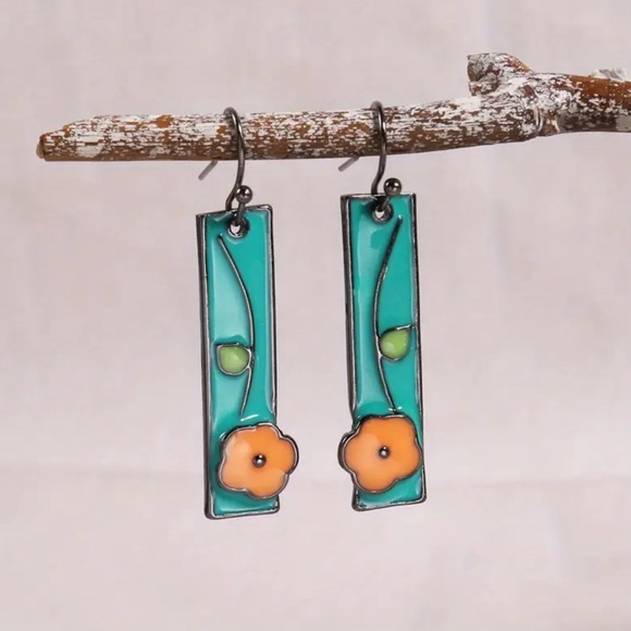 Jewelry - Green and Orange Floral Dangle Earrings